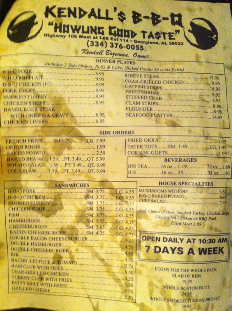 Menu at Kendall's BBQ, 2230 AL106