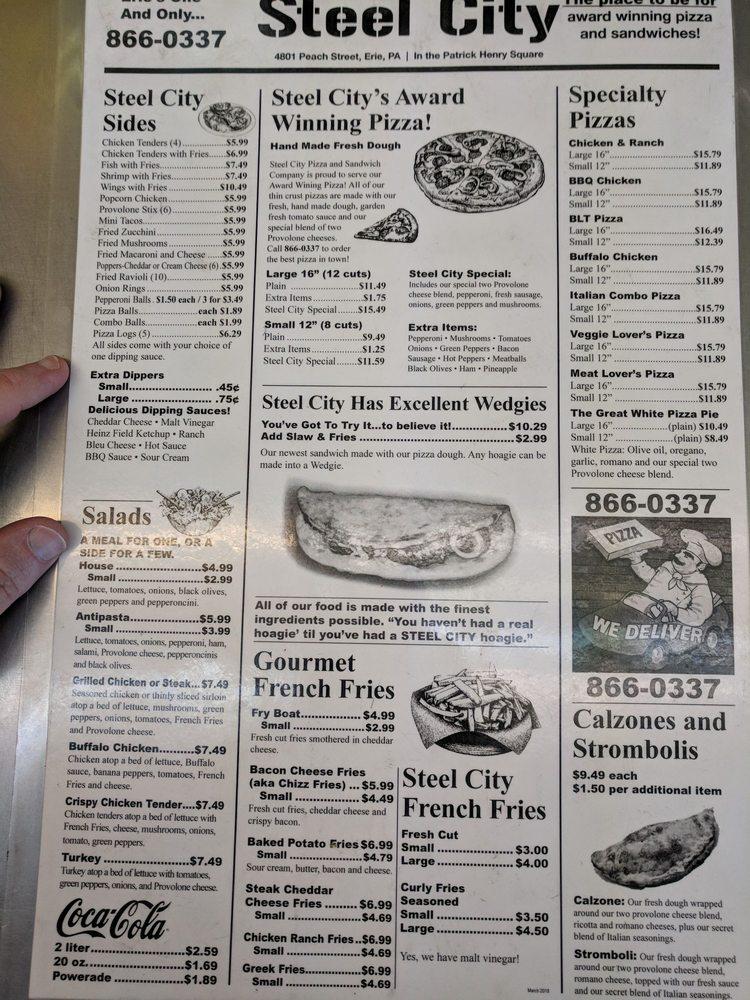 Menu at Steel City Sandwich Company pizzeria, Erie
