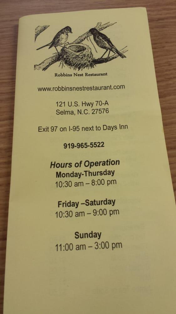 Menu at Robbins Nest restaurant, Selma, A