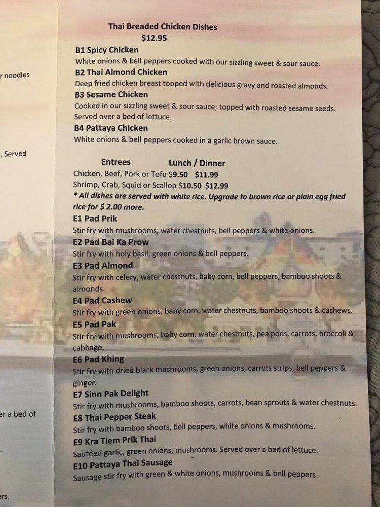 Menu at Pattaya Thai Restaurant,