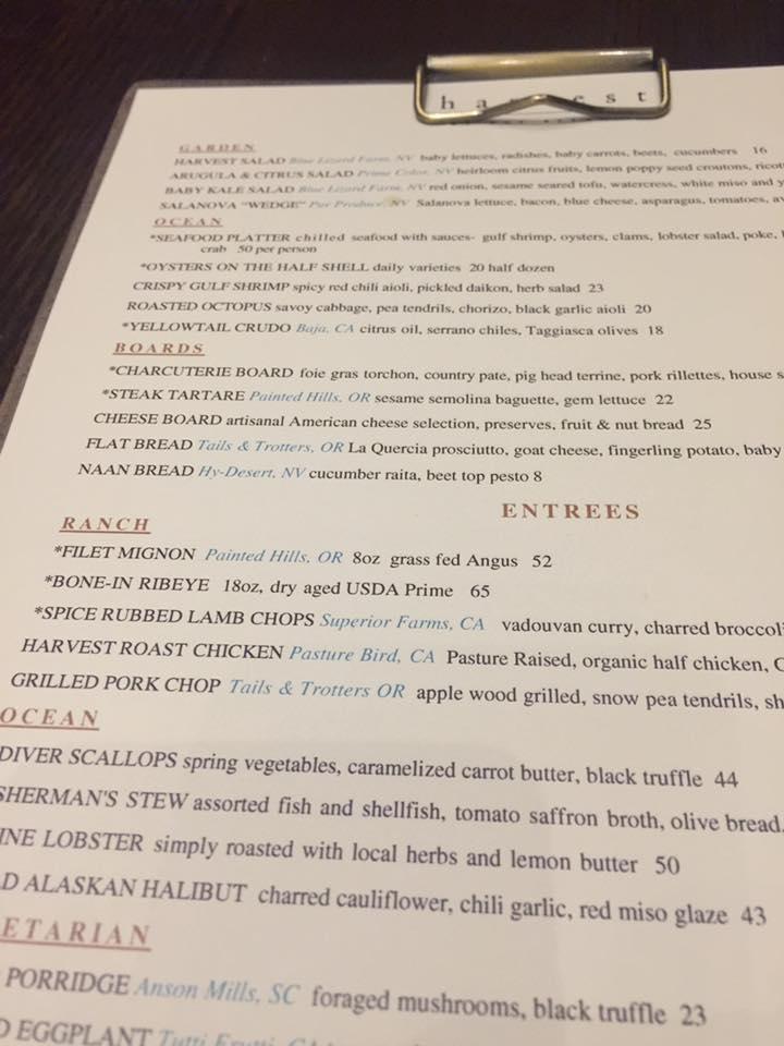 Menu at Harvest by Roy Ellamar restaurant, Las Vegas