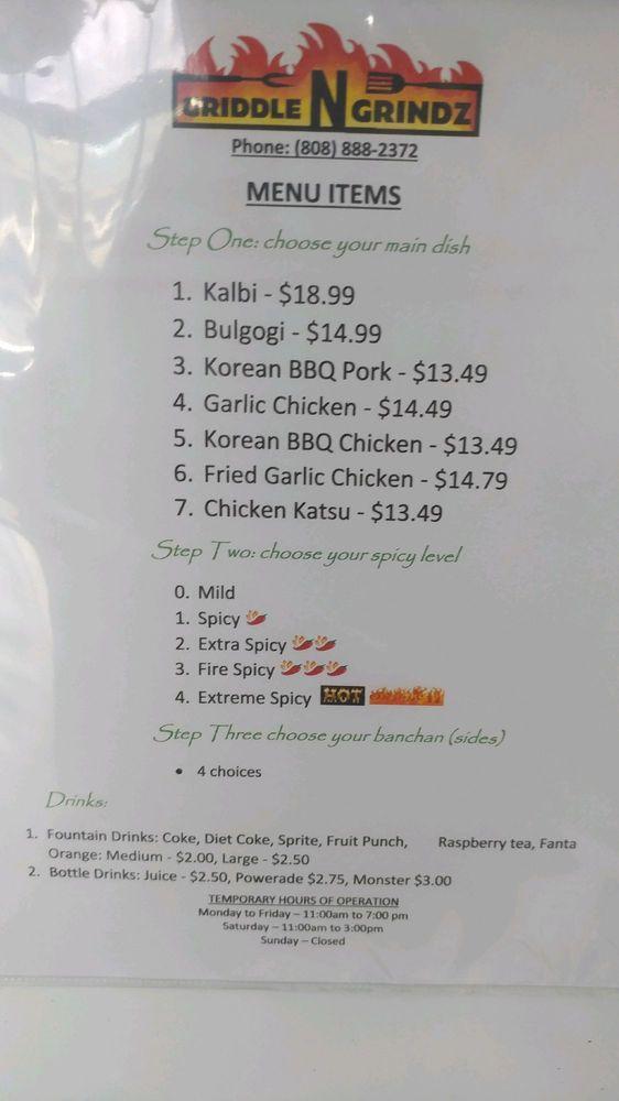 Menu at Griddle N Grindz BBQ, Honolulu