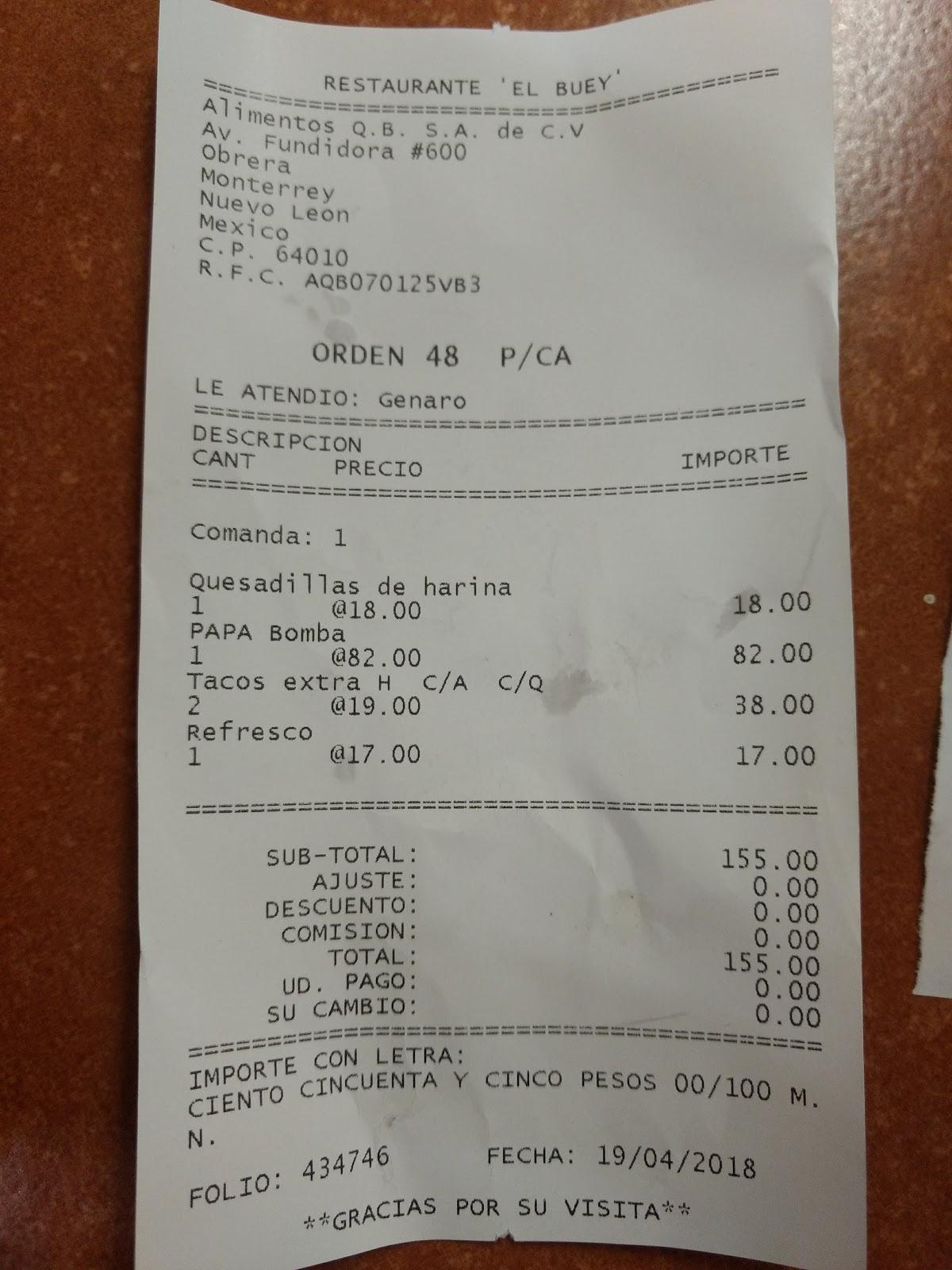 Carta del restaurante Tacos El Buey, Monterrey, Av Fundidora 600