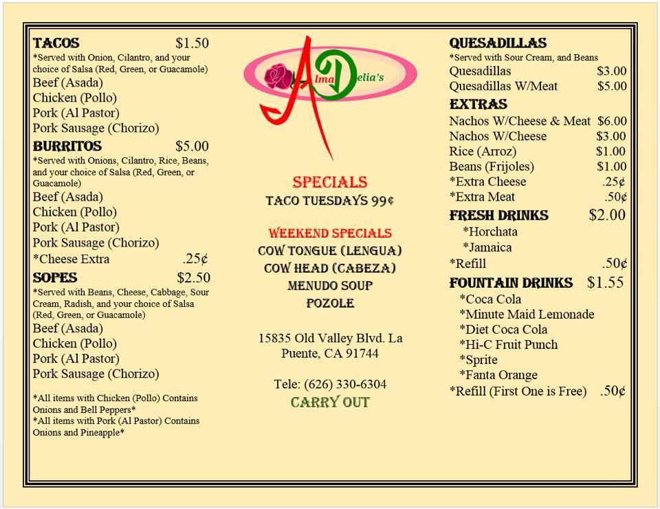 Menu at Alma Delia's Restaurant, La Puente