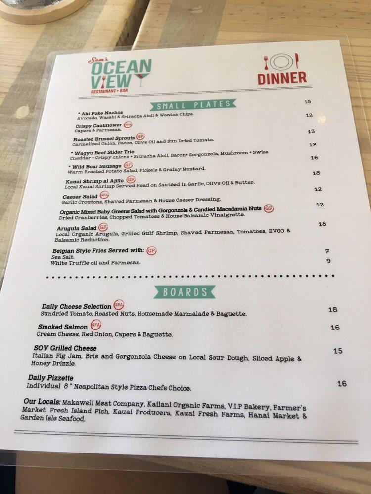 Menu at Sam's Ocean View Restaurant Kapaa Kauai, Kapaa