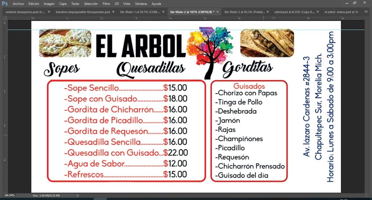 Carta del restaurante "EL ARBOL" SOPES•QUESADILLAS•GORDITAS, Morelia