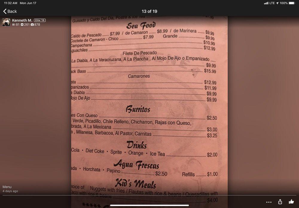 Menu at La Chimenea Mexican & Sea food Restaurant, El Paso