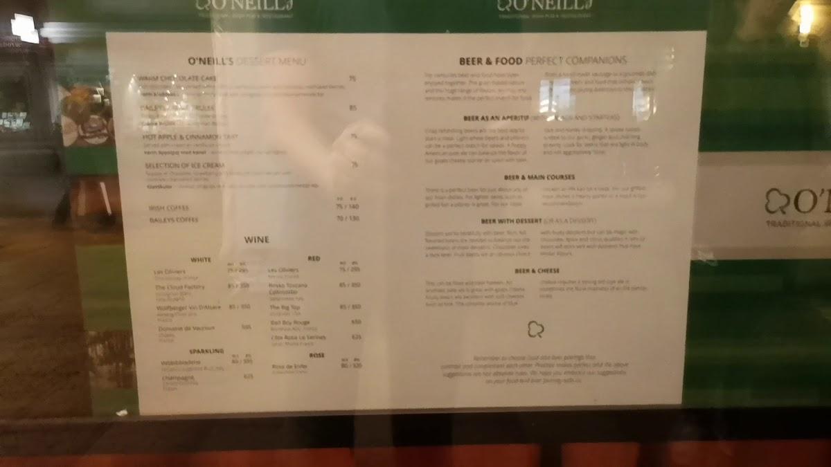 Menu at O’Neill’s Traditional Irish Pub, Uppsala