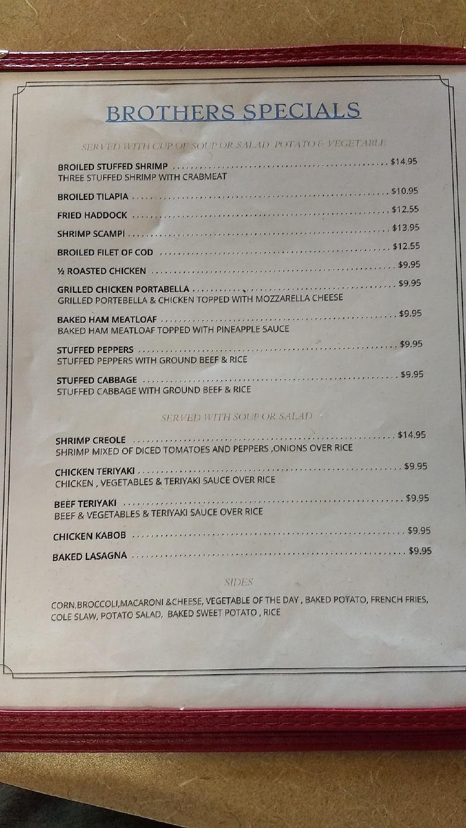 Menu at Brothers Family Diner restaurant, Mechanicsburg