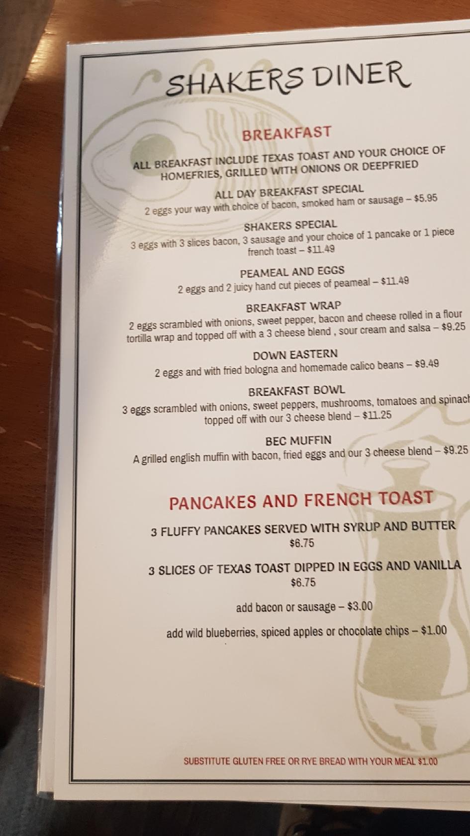 Menu at Shakers Diner restaurant, Lakefield