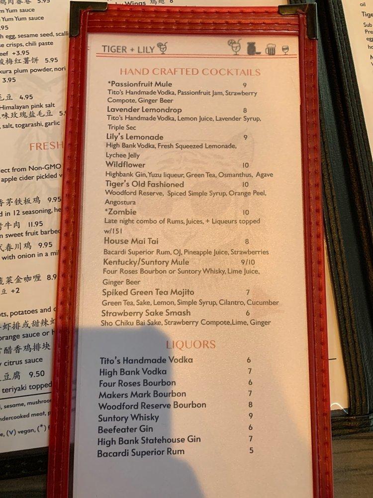 Menu at Tiger + Lily restaurant, Columbus