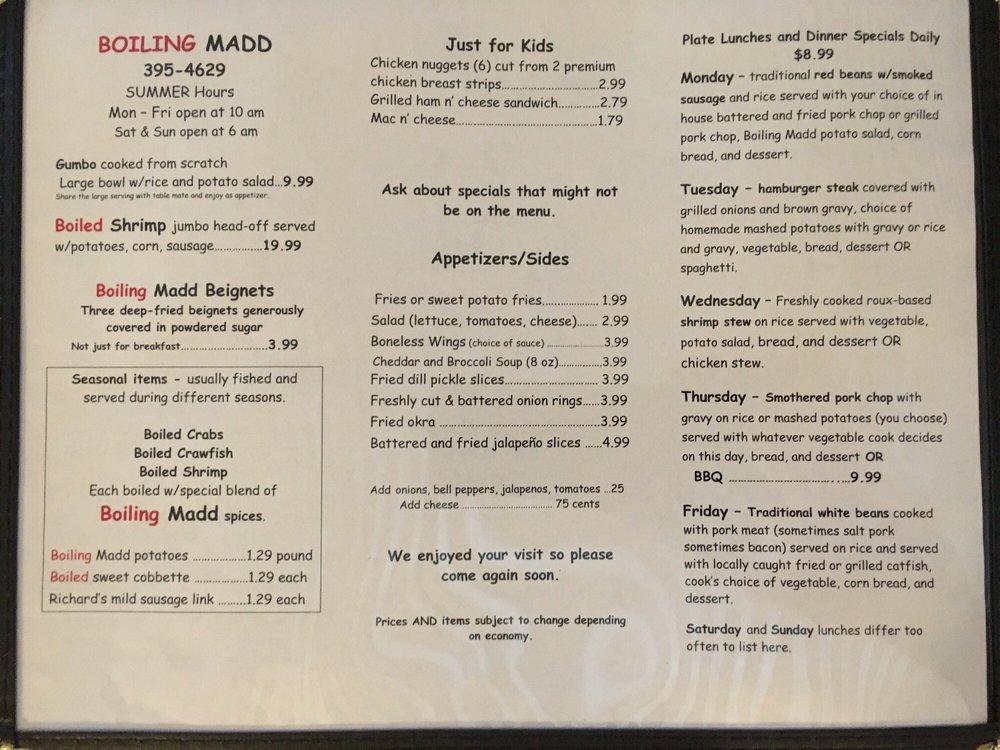 Menu at Boiling Madd restaurant, Patterson, 400 US90