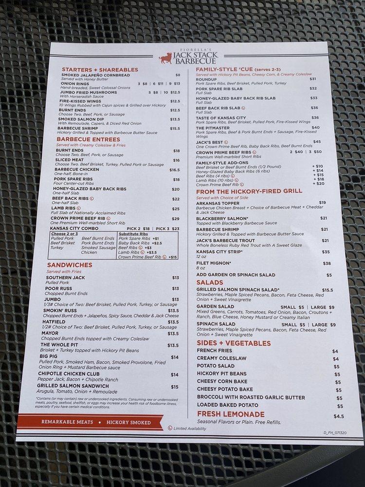 Menu at Jack Stack Barbecue Freight House, Kansas City