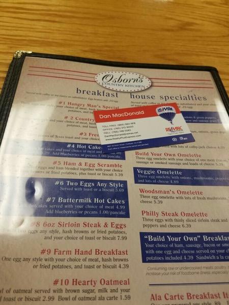 Menu at Osborn's Country Kitchen restaurant, Yorktown