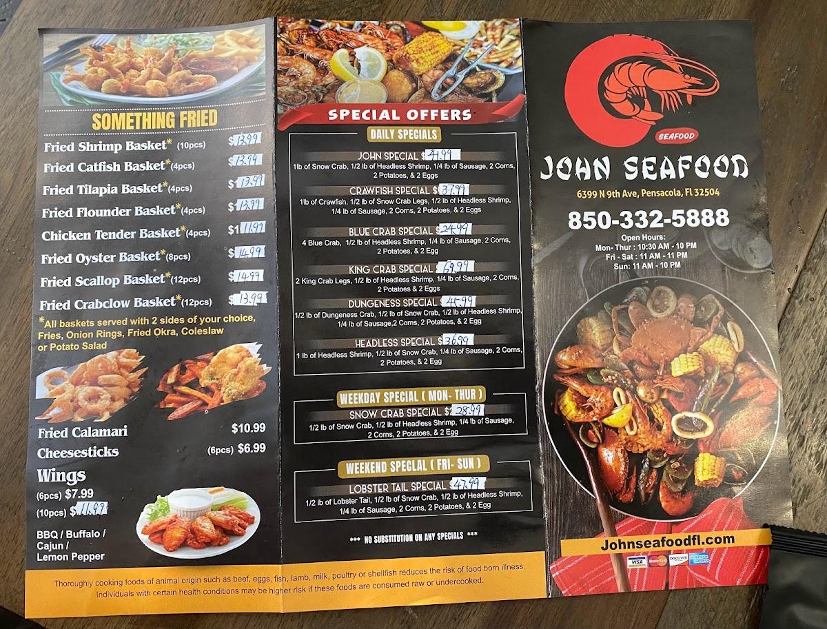 Menu at John seafood restaurant, Pensacola
