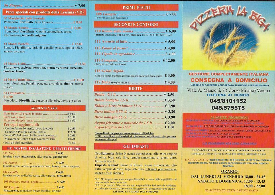 Menu at Pizzeria La Biga, Verona