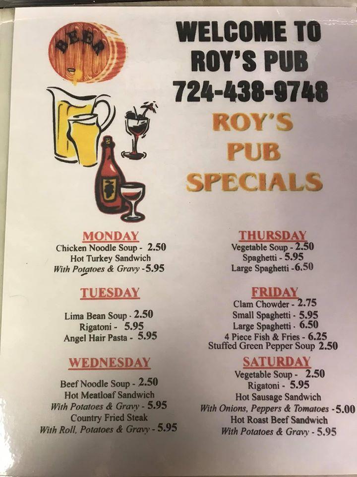 Menu at Roy's Pub, Uniontown