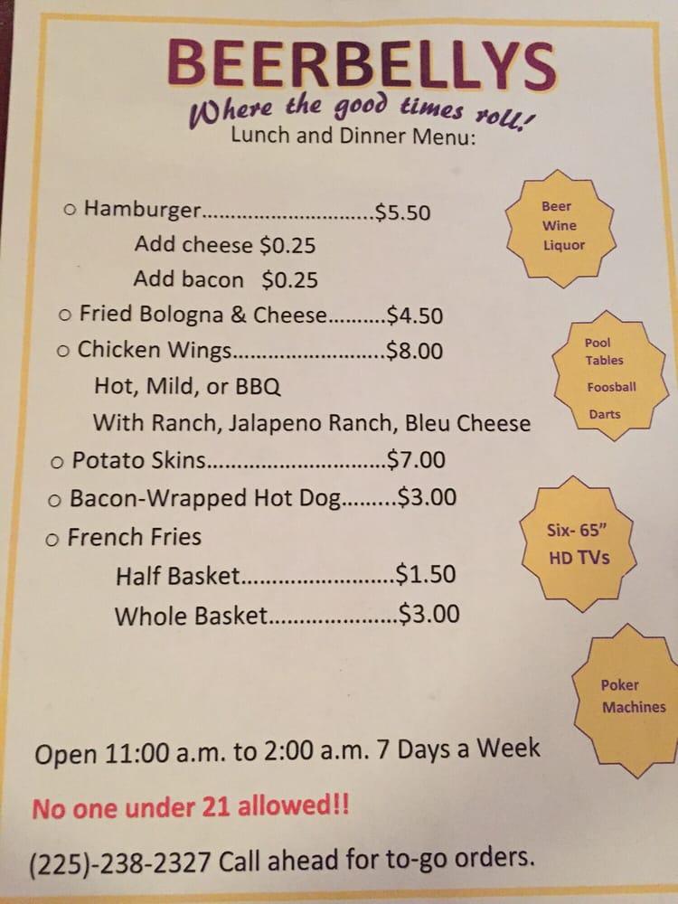 Menu at Beer Belly's Bar & Grill, Plaquemine
