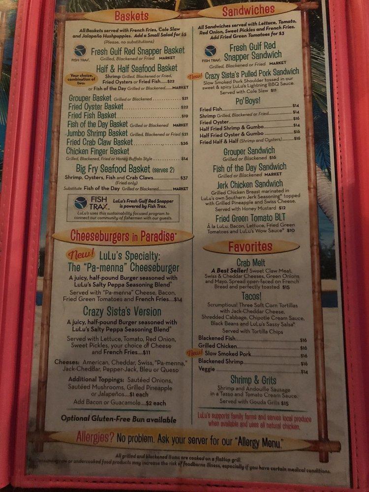 Menu at Lulu's Gulf Shores restaurant, Gulf Shores