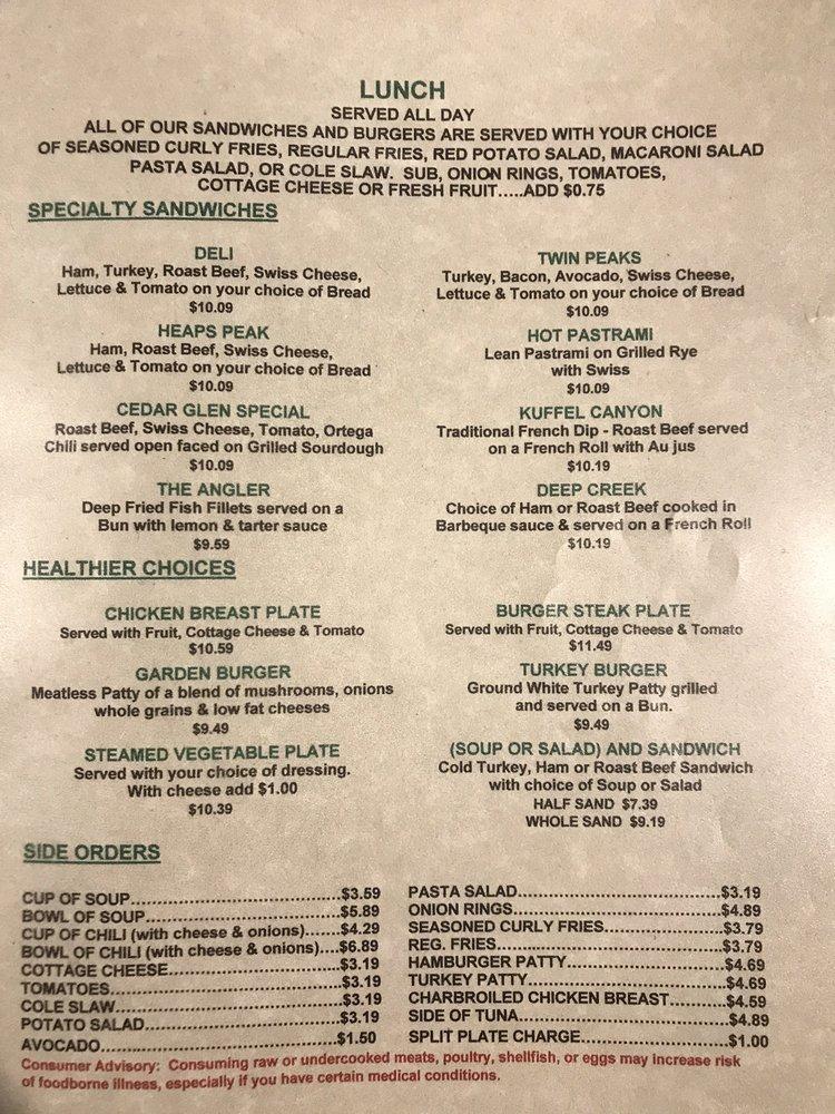 Menu at The Cedar Glen Inn restaurant, Lake Arrowhead