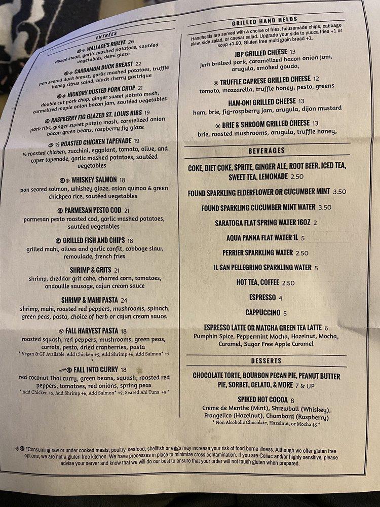 Menu at Wallace's at the Greenhouse restaurant, Homosassa