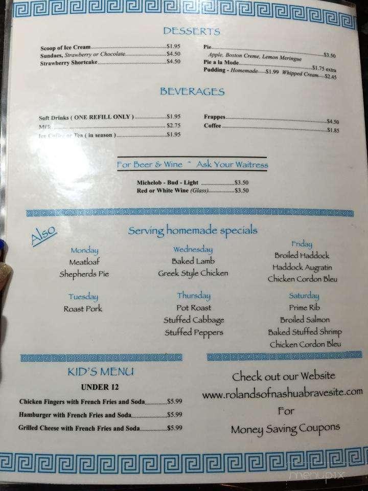 Menu at Roland's Restaurant, Nashua