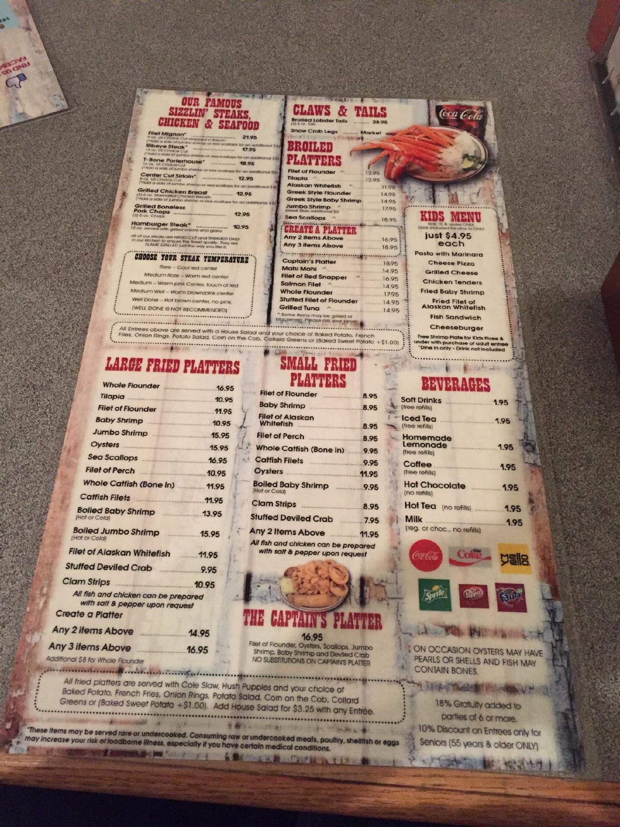 Menu at Captain Steve's Family Seafood Restaurant in Fort Mill, SC