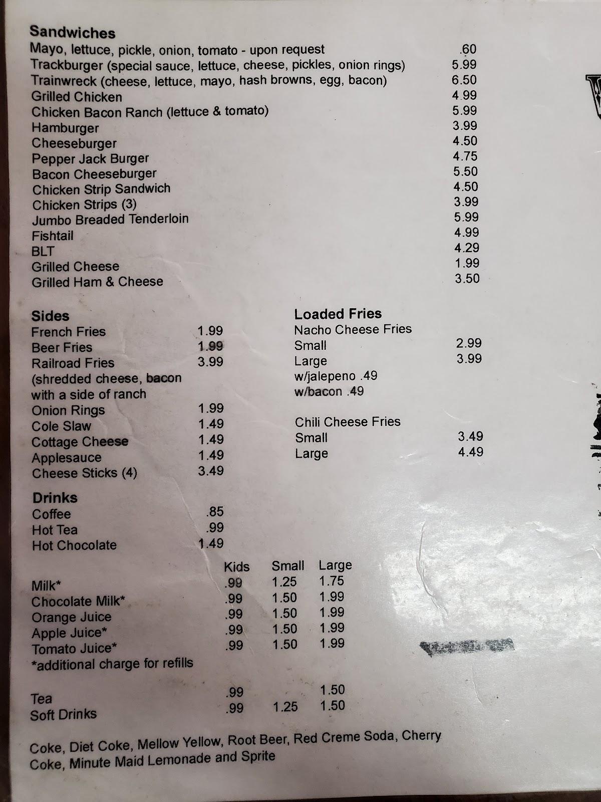 Menu at Whistle Stop Cafe, Osgood, 122 Railroad Ave