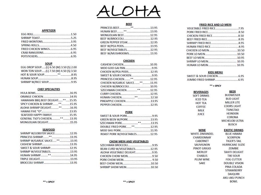 Menu at Aloha Restaurant, Decatur
