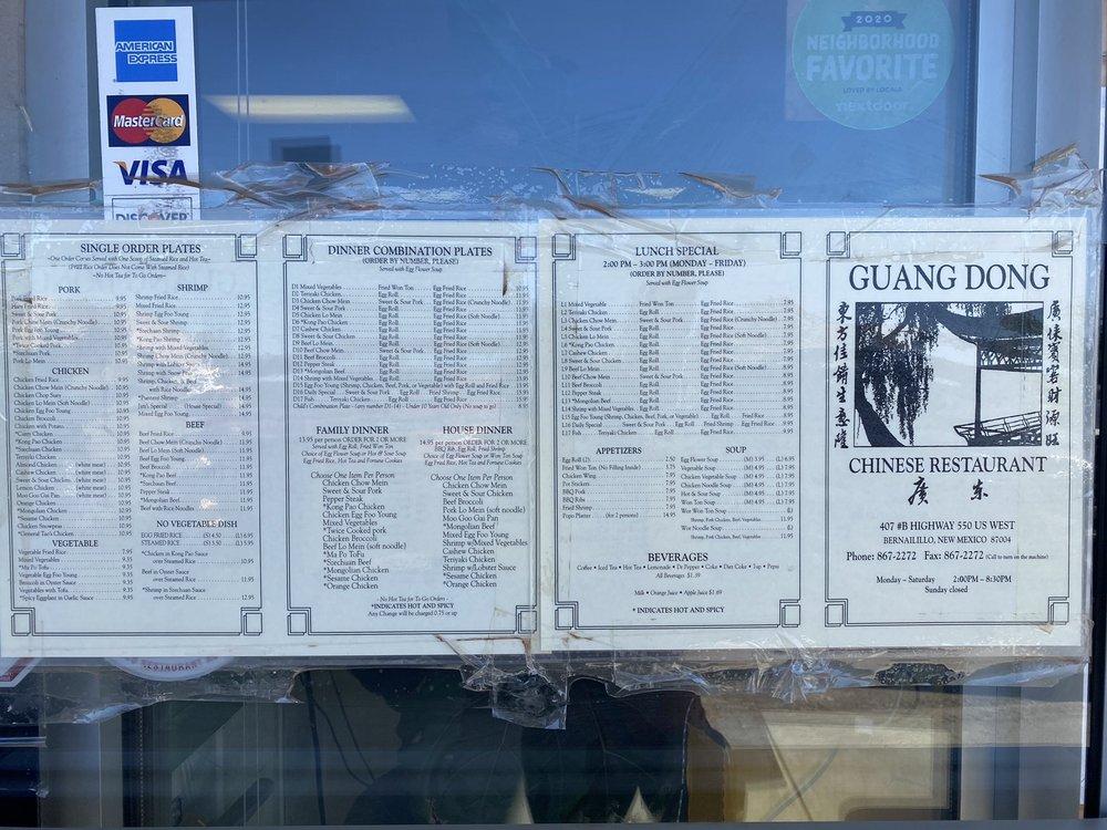 Menu at Guang Dong Chinese Restaurant, Bernalillo