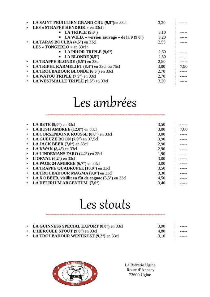 Menu at La Bièrerie - Ugine pub & bar, Ugine