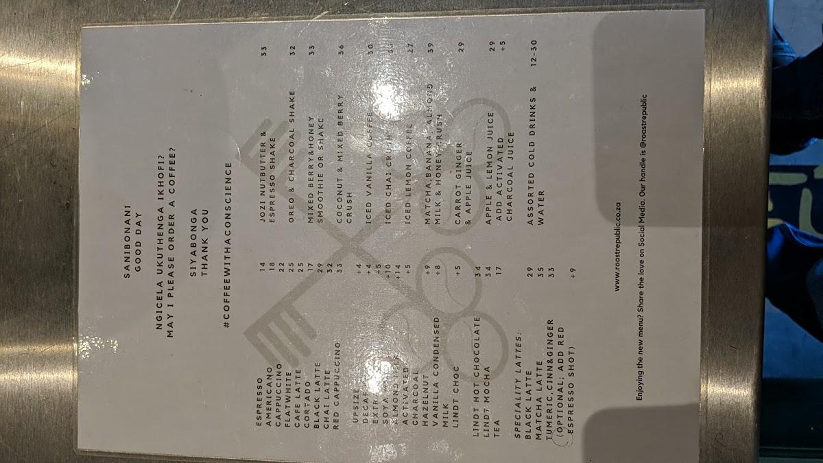 Menu at Roast Republic Sloane, Johannesburg, Sloane Square Shopping Centre