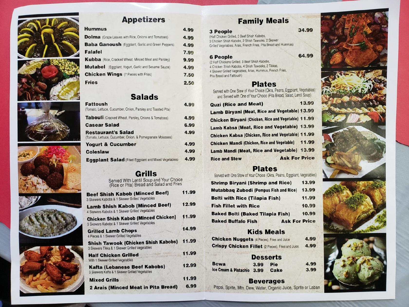 Menu at Shish Kabob restaurant, Erie