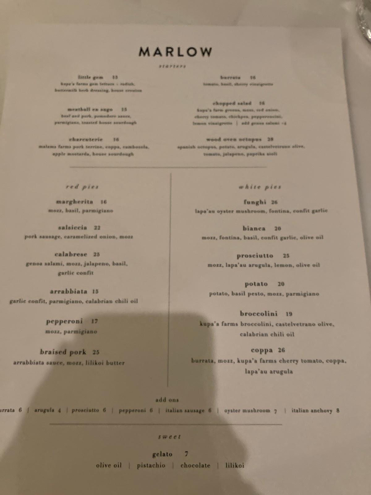 Menu at Marlow pizzeria, Makawao