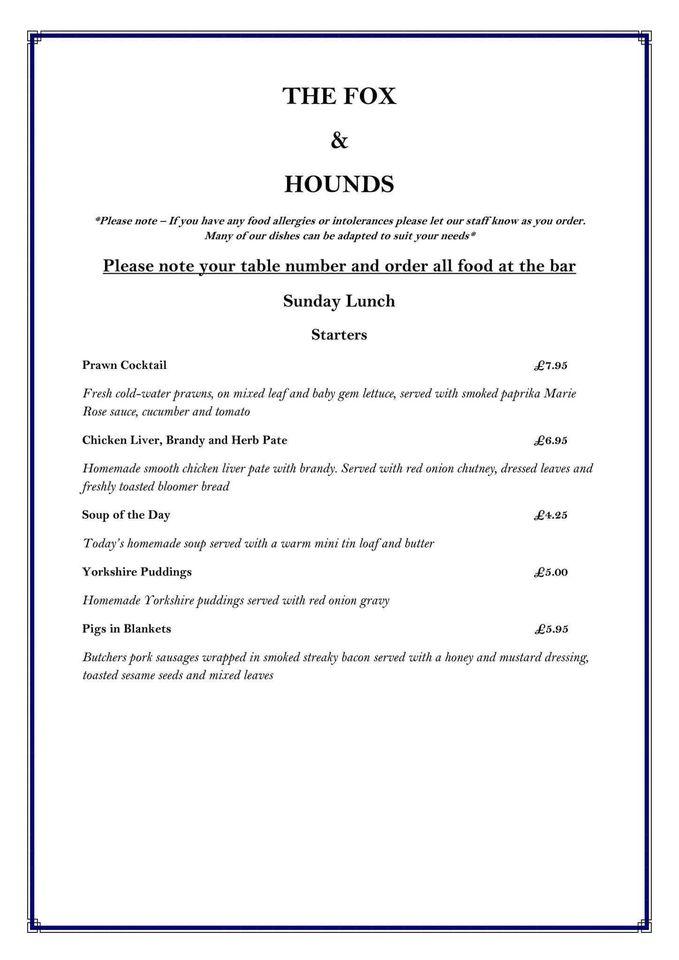 Menu at The Fox and Hounds restaurant, Pontefract, Doncaster Road Menu at The Fox and Hounds restaurant, Pontefract, Doncaster Road