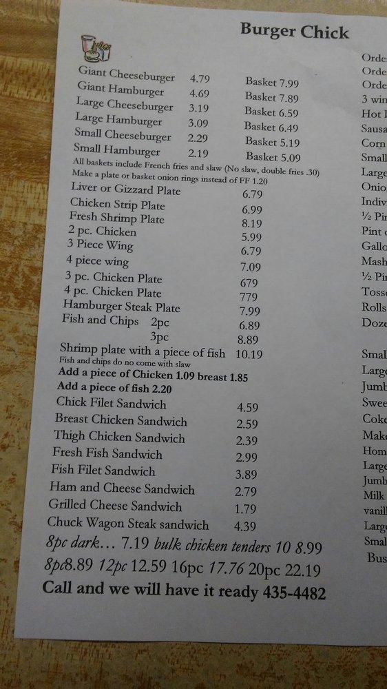 Menu at Burger Chick fast food, Manning, Sumter Hwy