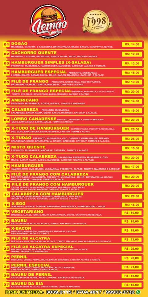 Lemão Lanches Limeira cardápio