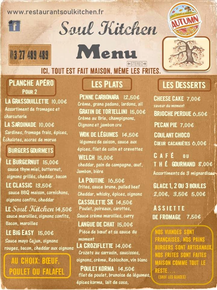 Menu au Soul kitchen restaurant, SaintAmandlesEaux