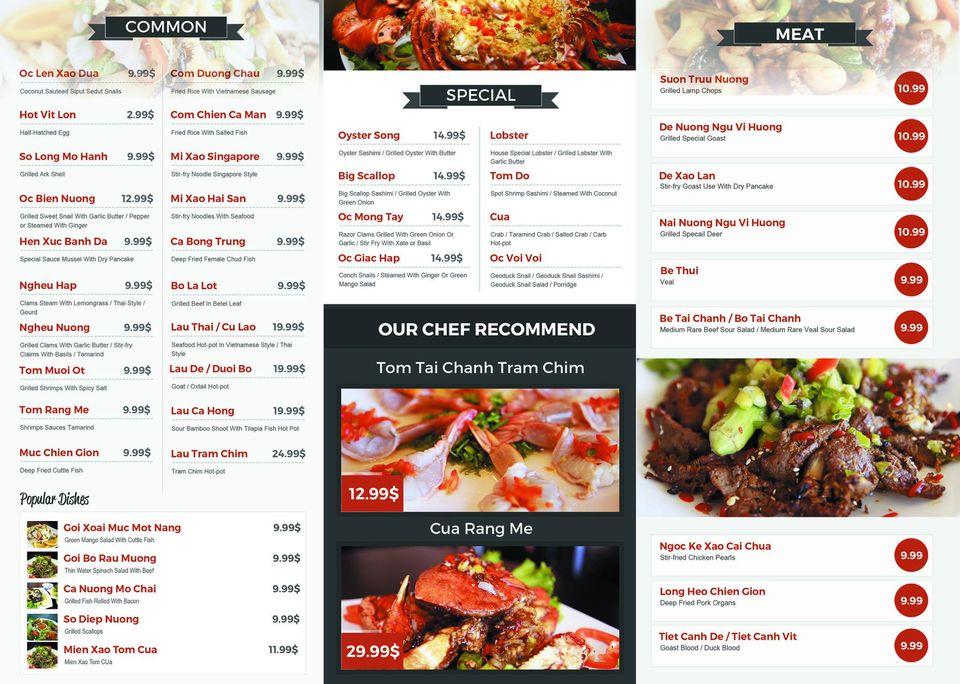Menu at Tràm Chim Fresh Seafood restaurant, Westminster, Bolsa Ave Ste B