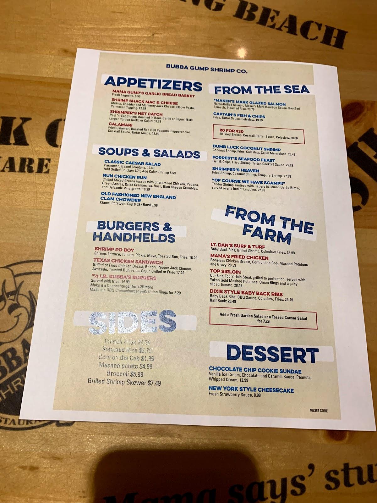 Menu at Bubba Gump Shrimp Co. restaurant, Edmonton