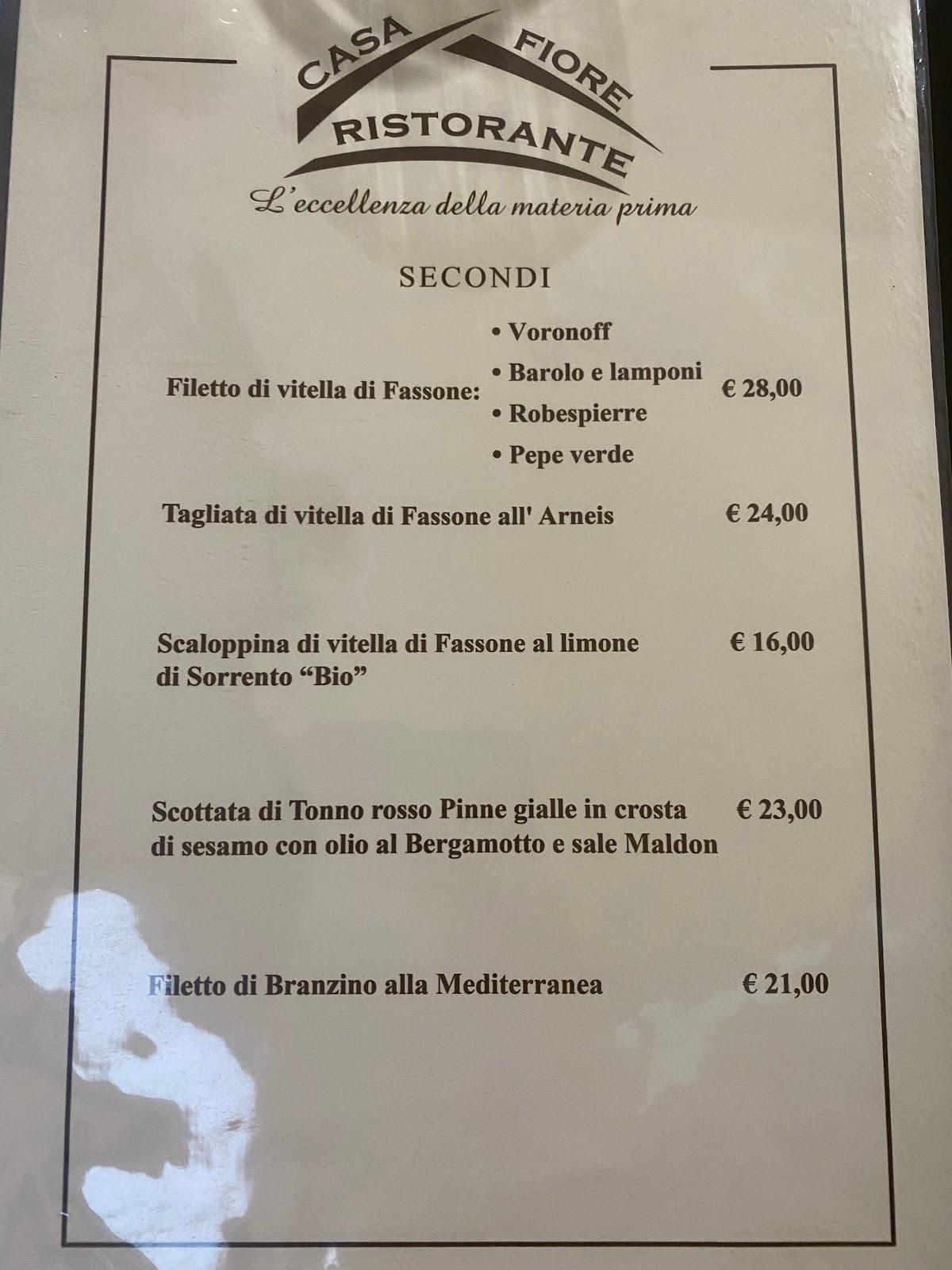 Carta del restaurante Casa Fiore, Turin