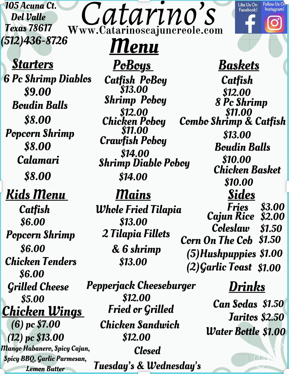 Menu at Catarino's Cajun Creole restaurant, Austin