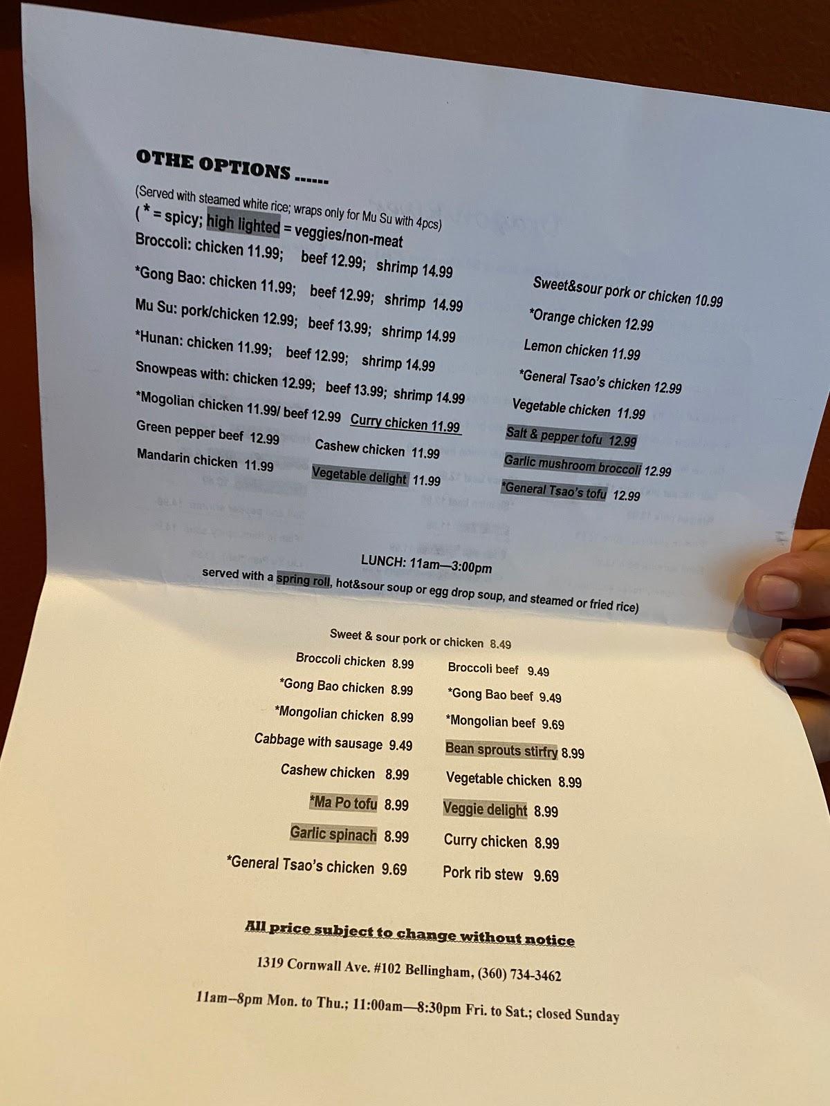 Menu at Dragon River restaurant, Bellingham