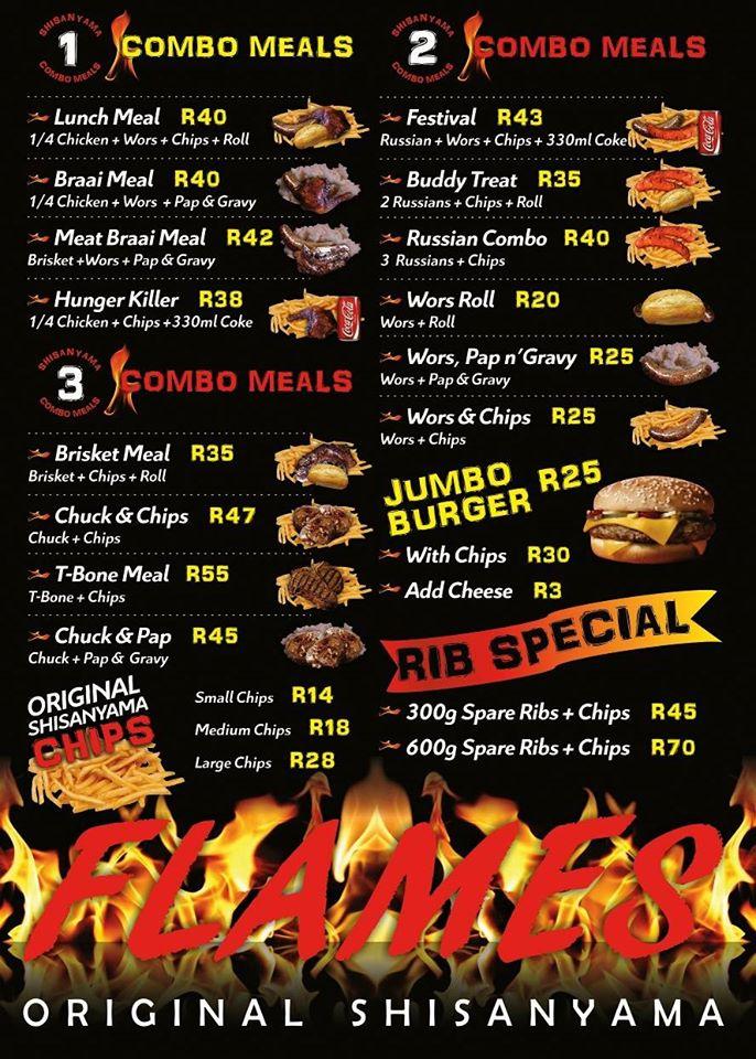 Menu at Flames Original Shisanyama restaurant, Johannesburg