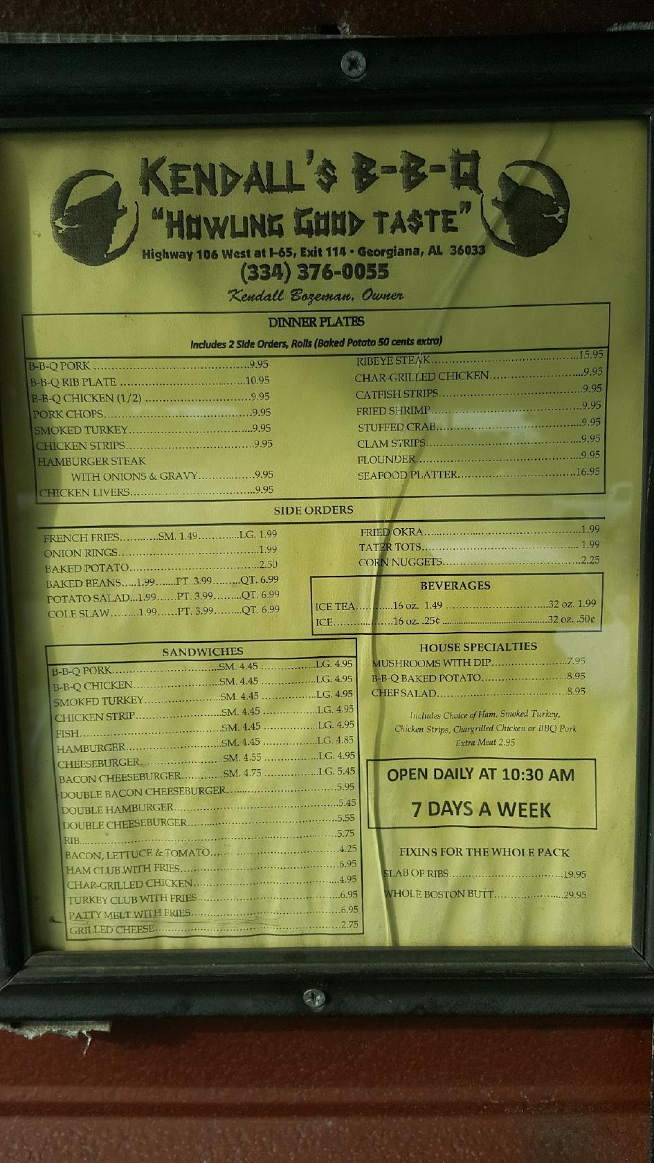 Menu at Kendall's BBQ, 2230 AL106