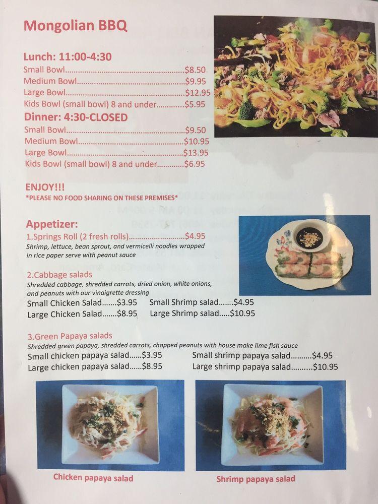 Menu at Mongolian BBQ, Great Falls