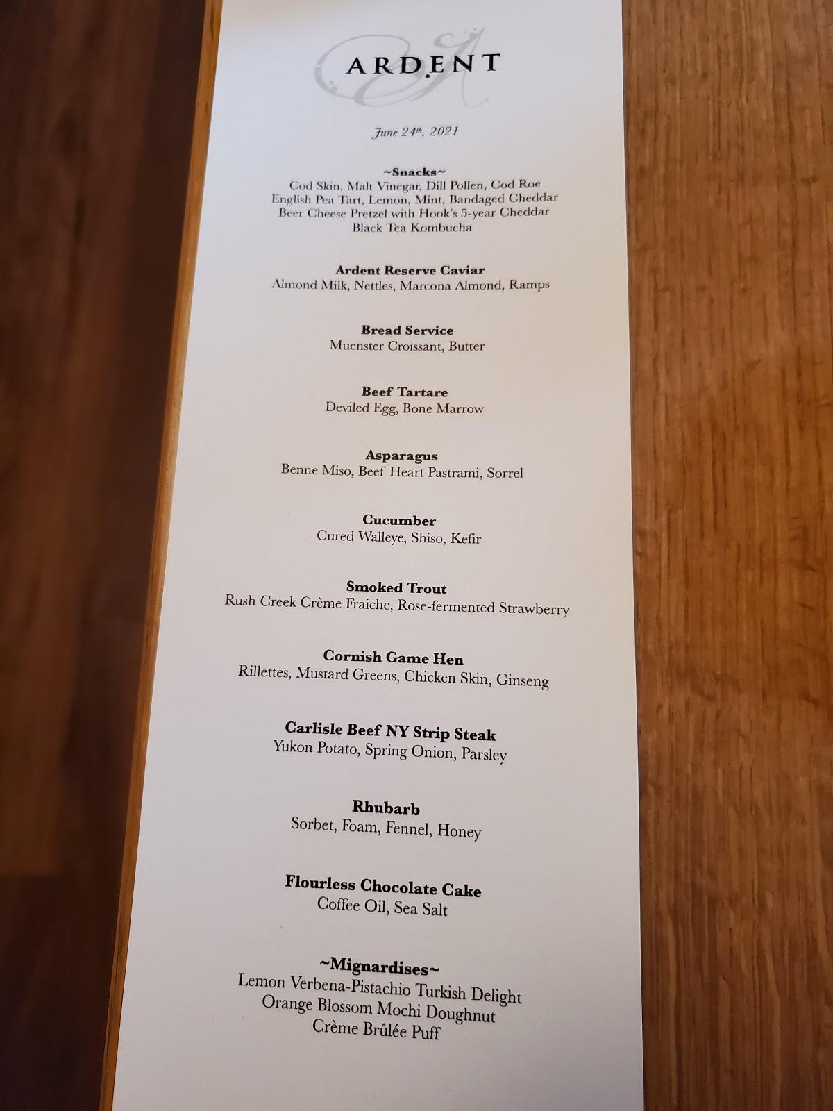 Menu at Ardent restaurant, Milwaukee