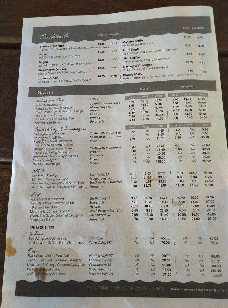 Menu at BMD Northcliffe Surf Club, Surfers Paradise, 51 Garfield Terrace