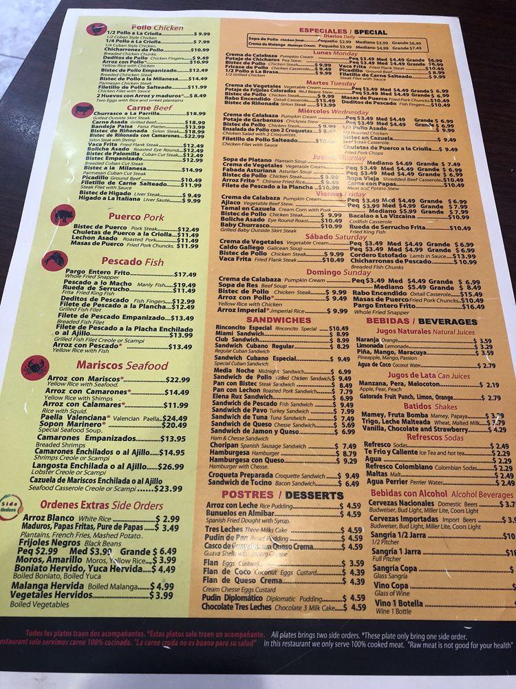 Menu at El Rinconcito Latino Doral restaurant, Miami, NW 36th St