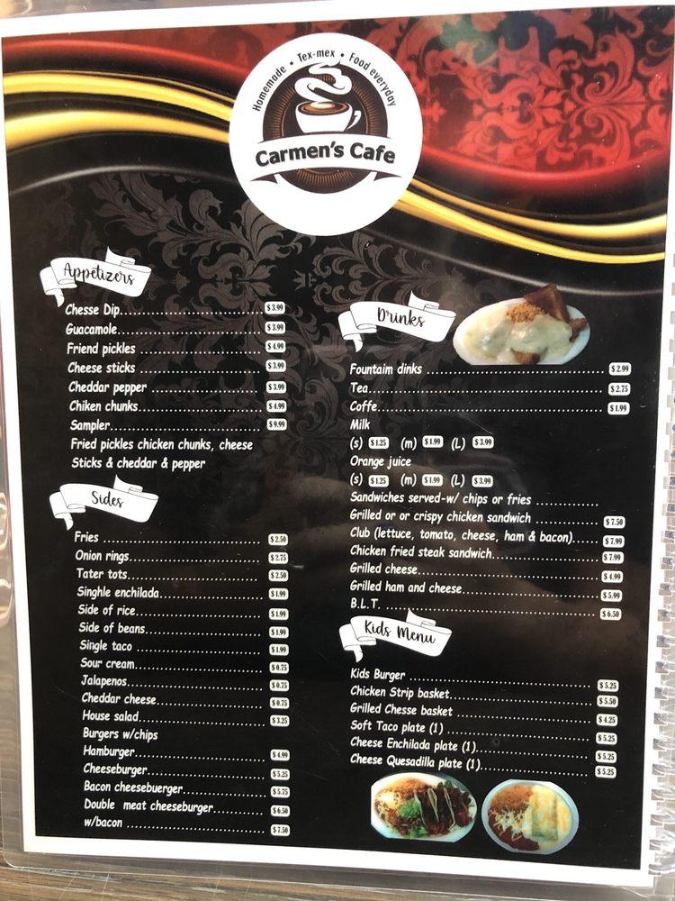 Menu at Carmen's Cafe, Godley